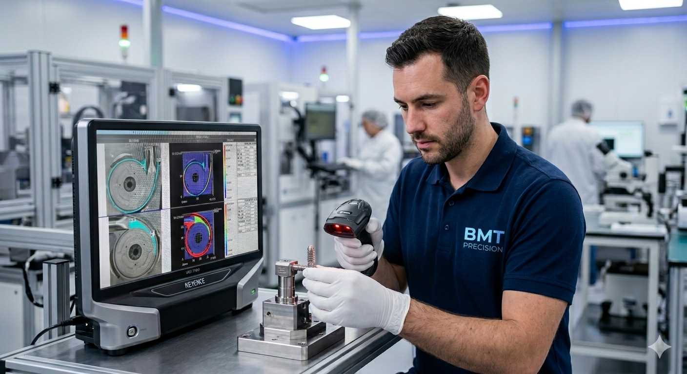 Quality inspection lab with precision measurement screen